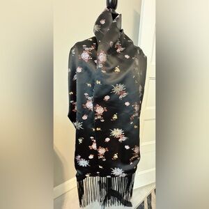 Vintage Black Floral Satin Floral Print Fringed Scarf Wrap
